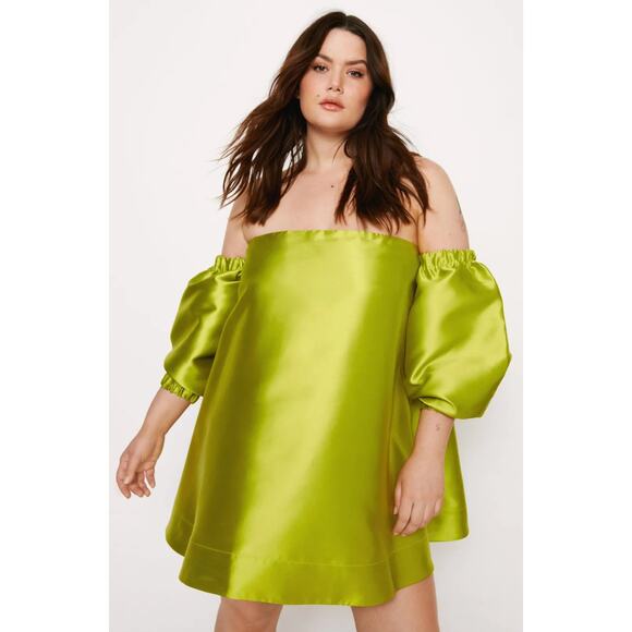 Nasty Gal Bardot Puff Sleeve Mini Dress Structured Lime Green Plus Size 22 - Picture 1 of 14